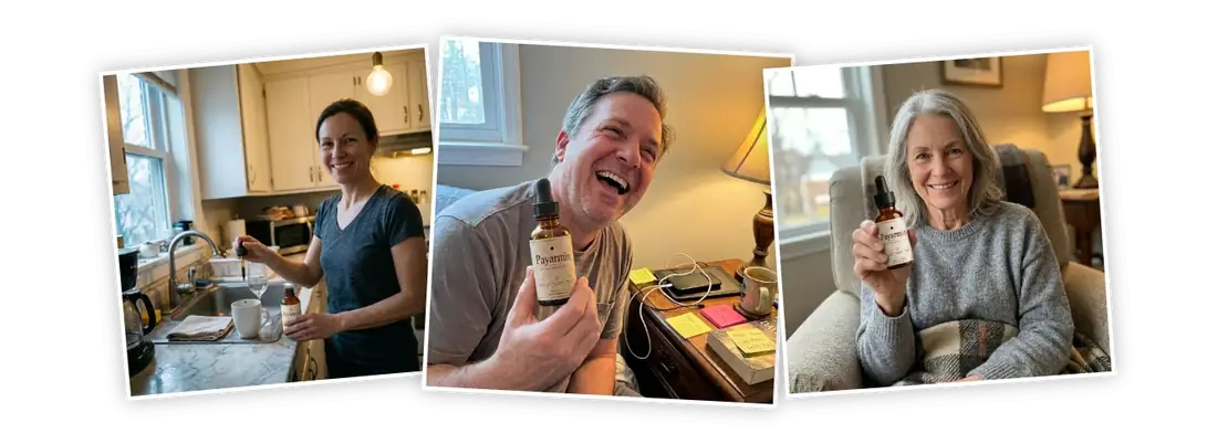 Payarmin customers at home holding their bottles of liquid blood sugar support drops