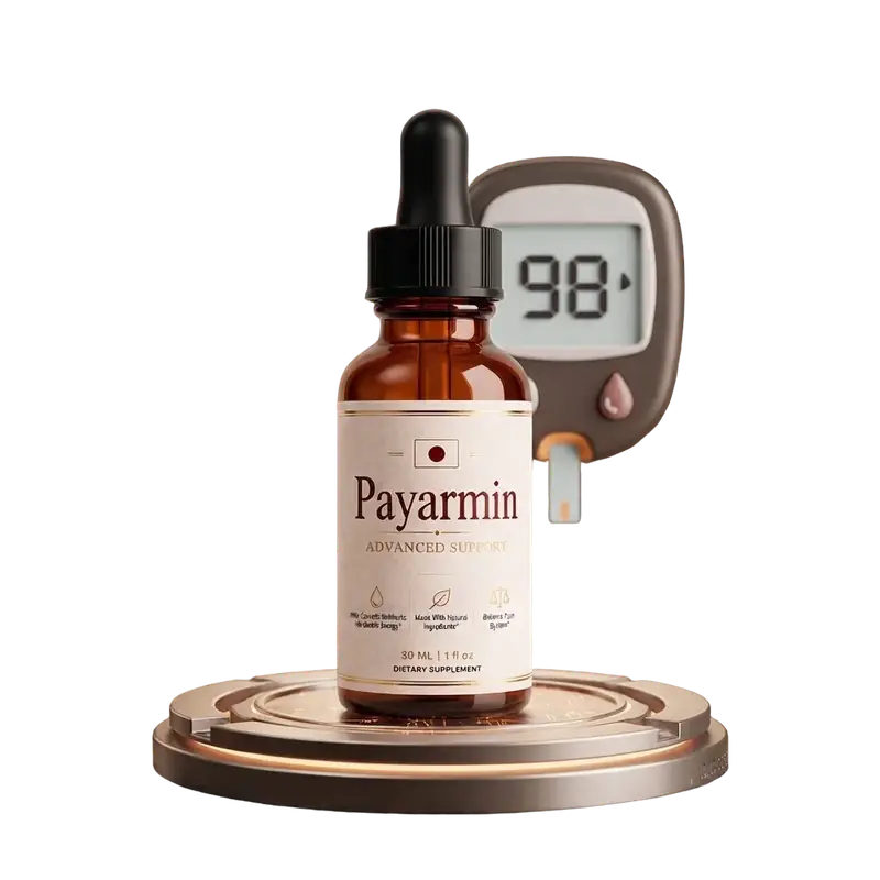 Payarmin dropper bottle shown with a glucose meter, illustrating daily blood sugar support