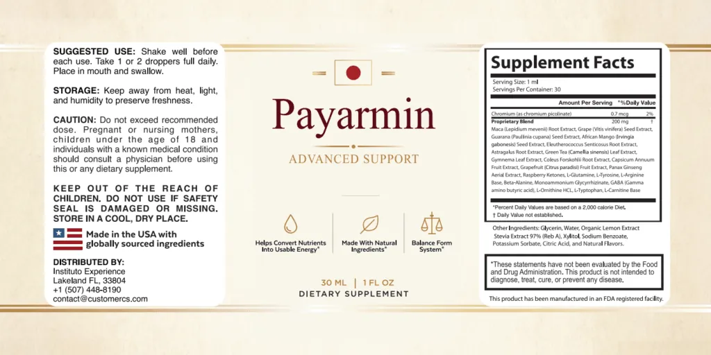 Payarmin supplement facts label showing chromium, the 200 mg proprietary blend, suggested use and other ingredients